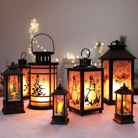 Retro Christmas Lantern Decorative LED Oil Lamp Hanging Ornaments Snowman Reindeer Pattern Holiday Atmosphere Night Light