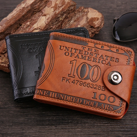 Portefeuille Homme Pliant Vintage Cuir PU Motif Billet Dollar US Bouton Magnétique Clip À Monnaie Business