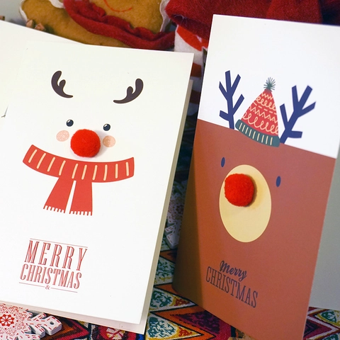 Creative Christmas Greeting Card Cartoon Reindeer With 3D Red Pom-Pom Nose White Cardboard Holiday Message Gift Card Cute