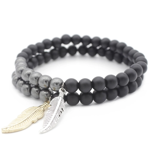 Pulsera De Cuentas Piedra Negra Mate Hematita Aleación Colgante De Hoja Joyería Elástica Estilo Retro Unisex