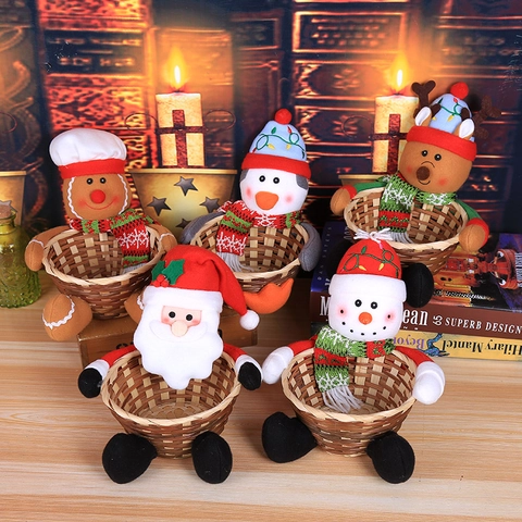 Weihnachts Süßigkeiten Korb Bambus Geflochten Aufbewahrung Dekor Weihnachtsmann Schneemann Rentier Pinguin Lebkuchenmann Plüsch