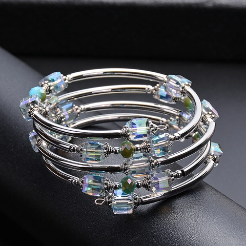 Multilayer Spiral Coil Bangle Bracelet Silver Metal Tube Iridescent Square Crystal Round Beads Bohemian Western Style