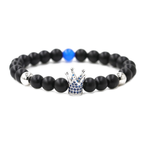 Pulsera De Cuentas Corona Piedra Natural Agata Ojo De Tigre Elastica Curacion Yoga Unisex Joyeria Cobre Micro Circon