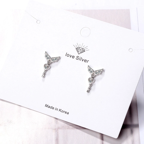 Pendientes de Botón de Ala de Ángel y Llave de Corazón para Mujer Cobre Strass Moda Coreana Elegantes Pendientes