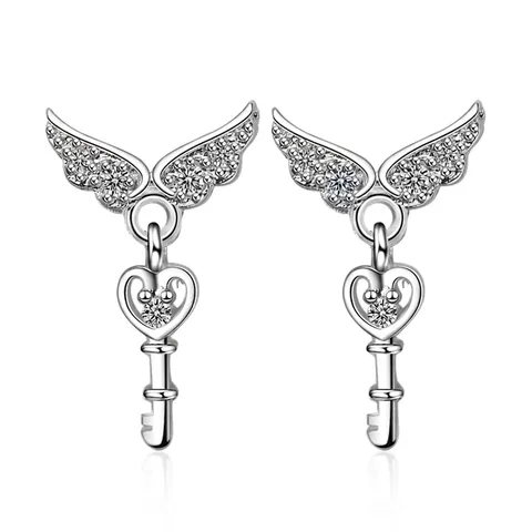 Pendientes de Botón de Ala de Ángel y Llave de Corazón para Mujer Cobre Strass Moda Coreana Elegantes Pendientes