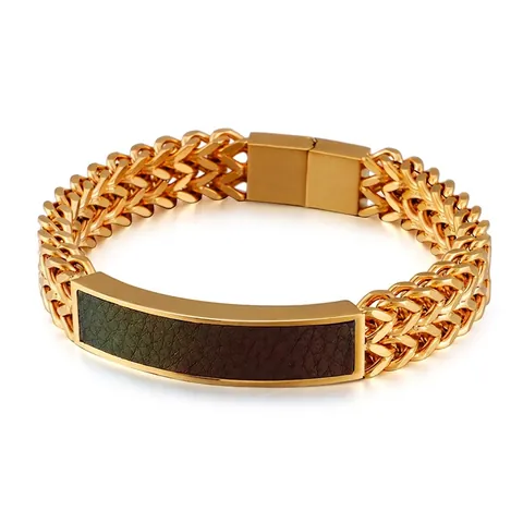 Pulsera Para Hombre Acero Inoxidable Chapado En Oro Cadena Franco Con Incrustación De Cuero Degradado Placa Curva