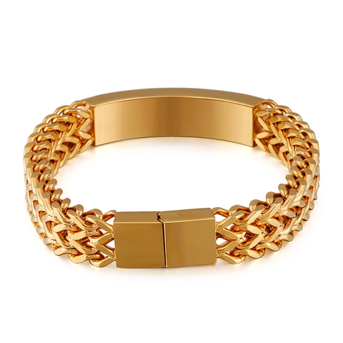 Pulsera Para Hombre Acero Inoxidable Chapado En Oro Cadena Franco Con Incrustación De Cuero Degradado Placa Curva