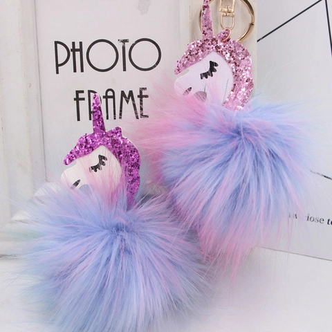 Simpatico Portachiavi Unicorno Pompon Peluche Sfumato Pelliccia Sintetica Paillettes Ciondolo Borsa Ragazze