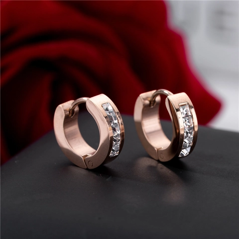 Minimalistische Titanium Staal Ronde Creolen Voor Dames Roségoud Verguld Zwart Wit Strass Geometrische Mode Sieraden