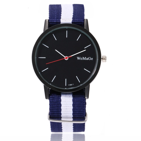 Men Quartz Watch Minimalist Black Dial Striped Nylon NATO Strap Sporty Casual Wristwatch