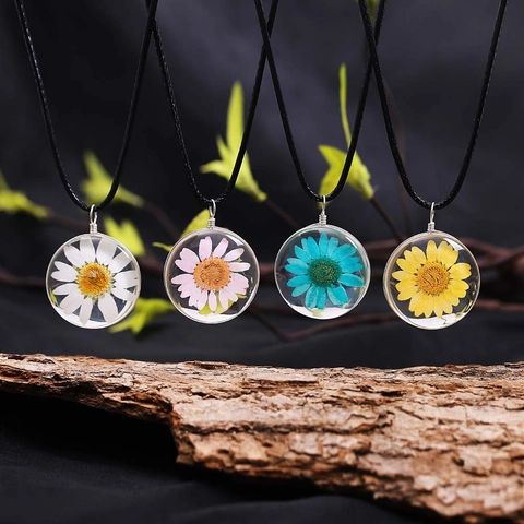 Handmade Necklace Round Glass Pendant With Real Dried Flowers And Leather Cord Simple Style Jewelry For Women