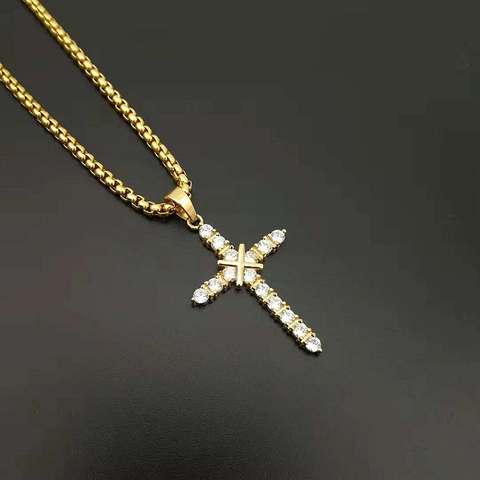 Collar Con Colgante De Cruz Acero Inoxidable Chapado En Oro Zircón Incrustado Joyería Hip Hop Religiosa Para Hombres Mujeres