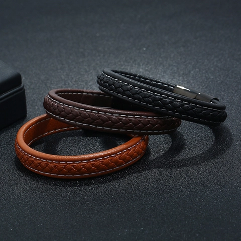 Bracciale In Pelle Intrecciata Da Uomo Chiusura Magnetica In Acciaio Inossidabile Gioielli Di Moda Casual