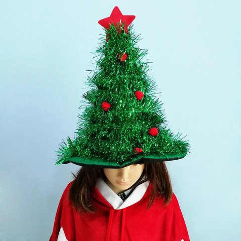 Creative Christmas Tree Shape Hat With Tinsel Star Topper Pompom Non-Woven Fabric Glowing Novelty Costume Accessory For Xmas Party Celebration Decor