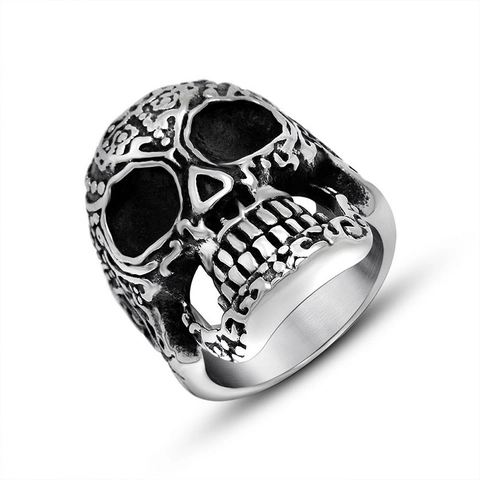 Retro Stainless Steel Skull Ring Gothic Punk Carved Pattern Biker Jewelry For Men Vintage Oxidized Silver Color Band