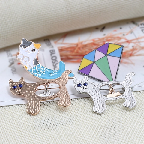 Schattige Zeemeerminkat En Geometrische Diamant Legering Emaille Broche Pin Badge Cartoon Sieraden Voor Rugzak Kleding