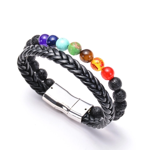 Pulsera Chakra Pulsera De Cuero Trenzado Con Piedra De Lava Natural Gemas Y Hebilla Magnética Joyería Yoga Unisex