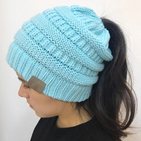 Women Ponytail Beanie Hat Acrylic Knitted Warm Winter Cap With High Bun Hole Solid Color Fashion Ribbed Skull Hat
