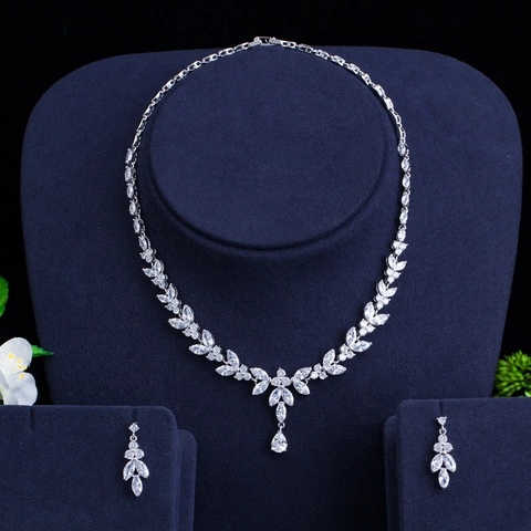Luxury Copper Zirconia Jewelry Set AAA Zirconia Waterdrop Leaf Necklace Earrings Bridal Wedding Banquet Jewelry Set For Women