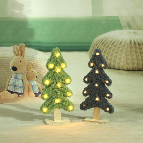 Árbol De Navidad De Punto Con Luz LED Adorno De Escritorio Hilo De Lana Base De Madera Decoración Festiva Hogar Mesa