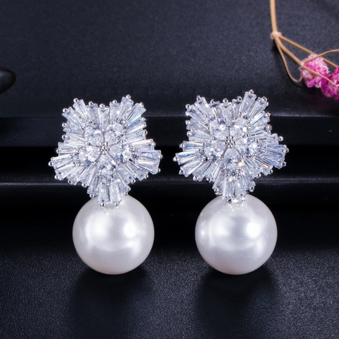 Snowflake Flower Zirconia Drop Earrings With Artificial Pearl Copper Plated Luxury Jewelry For Wedding Party Women