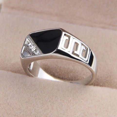 Square Stainless Steel Ring For Men Black Enamel Geometric Rhinestone Inlaid Vintage Hip Hop Style Polished Jewelry