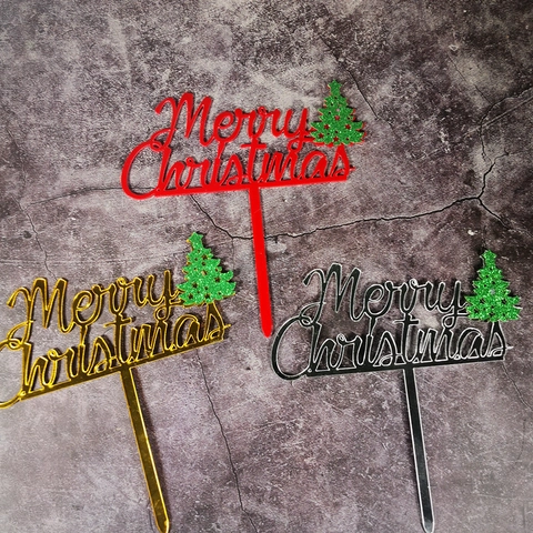 Merry Christmas Cake Topper Acrylic Glitter Christmas Tree Snowflake Mirror Finish Holiday Baking Decoration Party Supplies