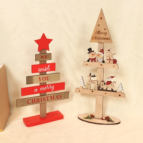 Adorno De Escritorio De Árbol De Navidad De Madera DIY Giratorio Corte Láser Papá Noel Muñeco De Nieve Reno