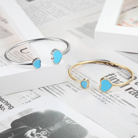 Stainless Steel Double Heart Open Bangle Bracelet For Women With Shell Enamel Inlay Adjustable Elegant Fashion Jewelry