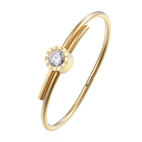 Stainless Steel Bangle For Women With Round Cubic Zirconia Inlaid Roman Numeral Engraved Minimalist Classic Fashion Jewelry