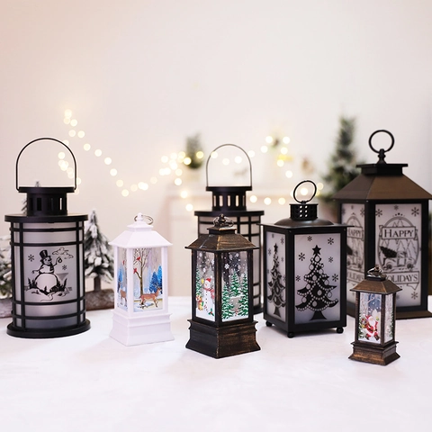 Retro Christmas Lantern Decorative LED Oil Lamp Hanging Ornaments Snowman Reindeer Pattern Holiday Atmosphere Night Light