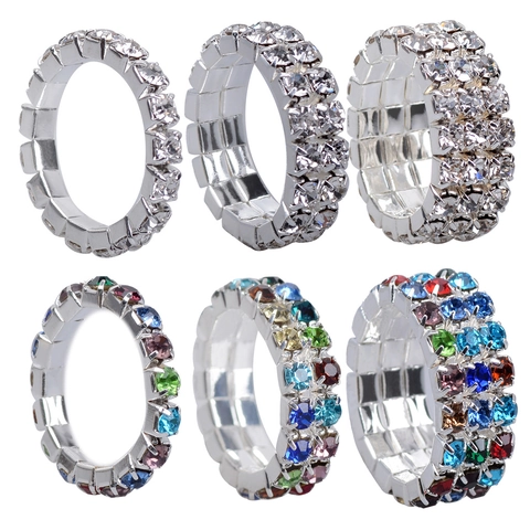 Eternity Band Ring Silver Plated Multi Row Rhinestone Elastic Stretchable Colorful Elegant Minimalist Jewelry Women