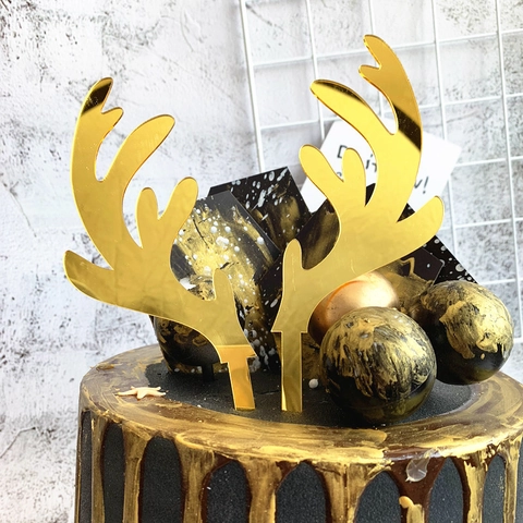 Antler Cake Topper Mirror Acrylic Reusable Dessert Insert For Christmas Party Birthday Decoration Ins Style