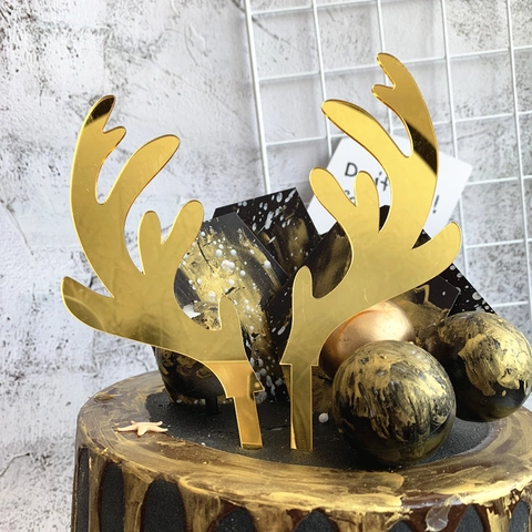 Antler Cake Topper Mirror Acrylic Reusable Dessert Insert For Christmas Party Birthday Decoration Ins Style