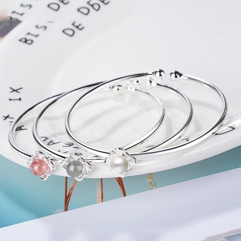 Bracciale Aperto Fiore Di Loto Rame Placcato Argento Cristallo Di Fragola Pietra Di Luna Perla Artificial Regolabile Gioielli Donna