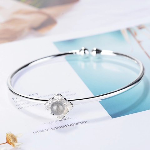Bracciale Aperto Fiore Di Loto Rame Placcato Argento Cristallo Di Fragola Pietra Di Luna Perla Artificial Regolabile Gioielli Donna