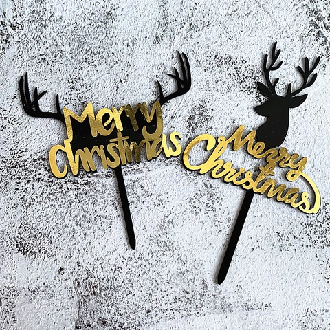 Merry Christmas Cake Topper Reindeer Antler Acrylic Mirror Gold Black Holiday Dessert Decoration