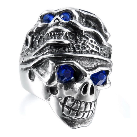 Anello Con Teschio Vintage In Acciaio Inossidabile Con Occhi In Strass Blu Gioielli Gothic Punk Rock Per Uomo