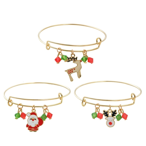 Christmas Expandable Bangle Bracelet Gold Plated Alloy Enamel Charms Colorful Beads Festive Holiday Fashion Jewelry
