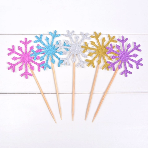 Adornos De Pastel Copo De Nieve Brillante Con Palo De Madera Fiesta De Navidad Cumpleaños Decoración De Postres Tema De Invierno