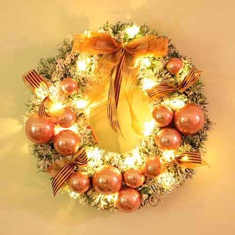Artificial Christmas Wreath Flocked Rose Gold Ball Ribbon Bow LED Light Up Garland For Holiday Door Window Home Decor