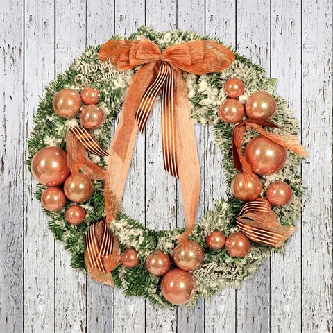 Artificial Christmas Wreath Flocked Rose Gold Ball Ribbon Bow LED Light Up Garland For Holiday Door Window Home Decor