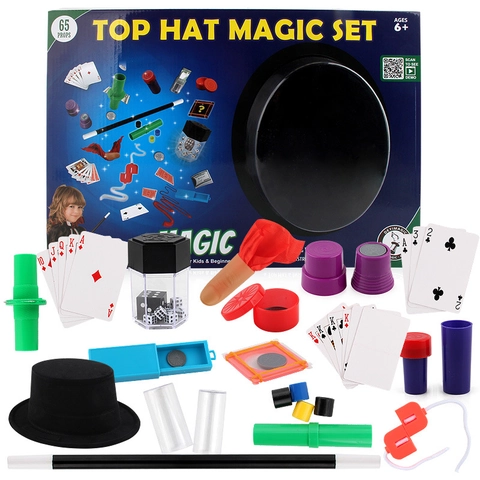 Top Hat Magic Trick Kit Kids Beginner Stage Performance Props Wand Cards Dice Plastic Fabric Educational Toy Gift