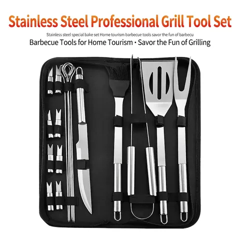 Stainless Steel Barbecue Grilling Utensils With Portable Oxford Cloth Storage Bag Outdoor Camping Grill Spatula Fork Tongs