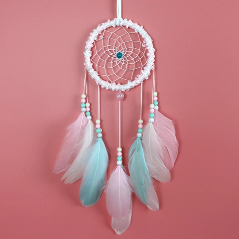Attrape-Rêves Rose Fait Main Décoration Murale en Plumes Pour Chambre Ornement Style Bohème Cadeau Anniversaire
