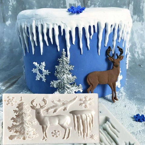 Molde De Silicona De Reno De Navidad Para Decoración De Pasteles De Fondant Hornear Bricolaje Copos De Nieve Rama De Pino Reutilizable Grado Alimenticio