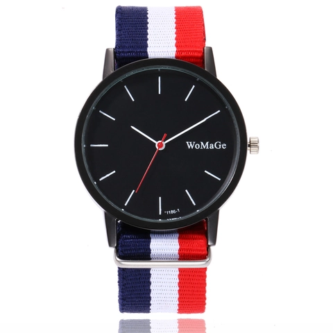 Men Quartz Watch Minimalist Black Dial Striped Nylon NATO Strap Sporty Casual Wristwatch