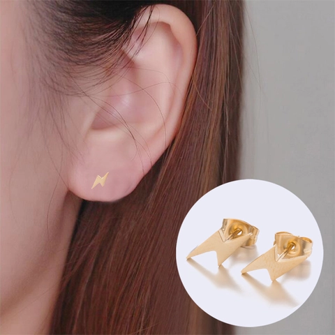 Lightning Bolt Stud Earrings Stainless Steel Minimalist Geometric Punk Style Metal Jewelry For Women Men Tiny Chic Accessory