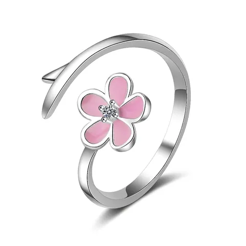 Süßer Rosa Blume Kupfer Offener Ring Für Damen Versilbert Strass Eingelegt Sakura Zweig Verstellbarer Fingerring Schmuck