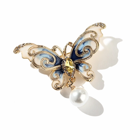 Broche Papillon Élégante Alliage Émail Strass Avec Imitation Künstliche Perle Accessoires De Bijoux De Vêtements Vintage